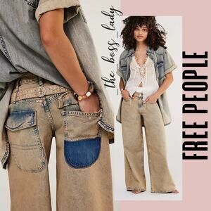 Free People Tan and Blue Wide Leg Jeans
